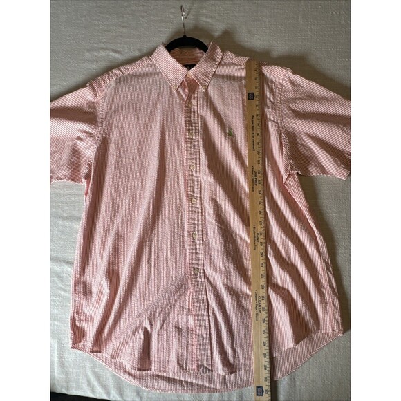 Ralph Lauren XL Cotton‎ Seersucker Shirt Striped Classic Green Pony Pink White - Picture 5 of 6